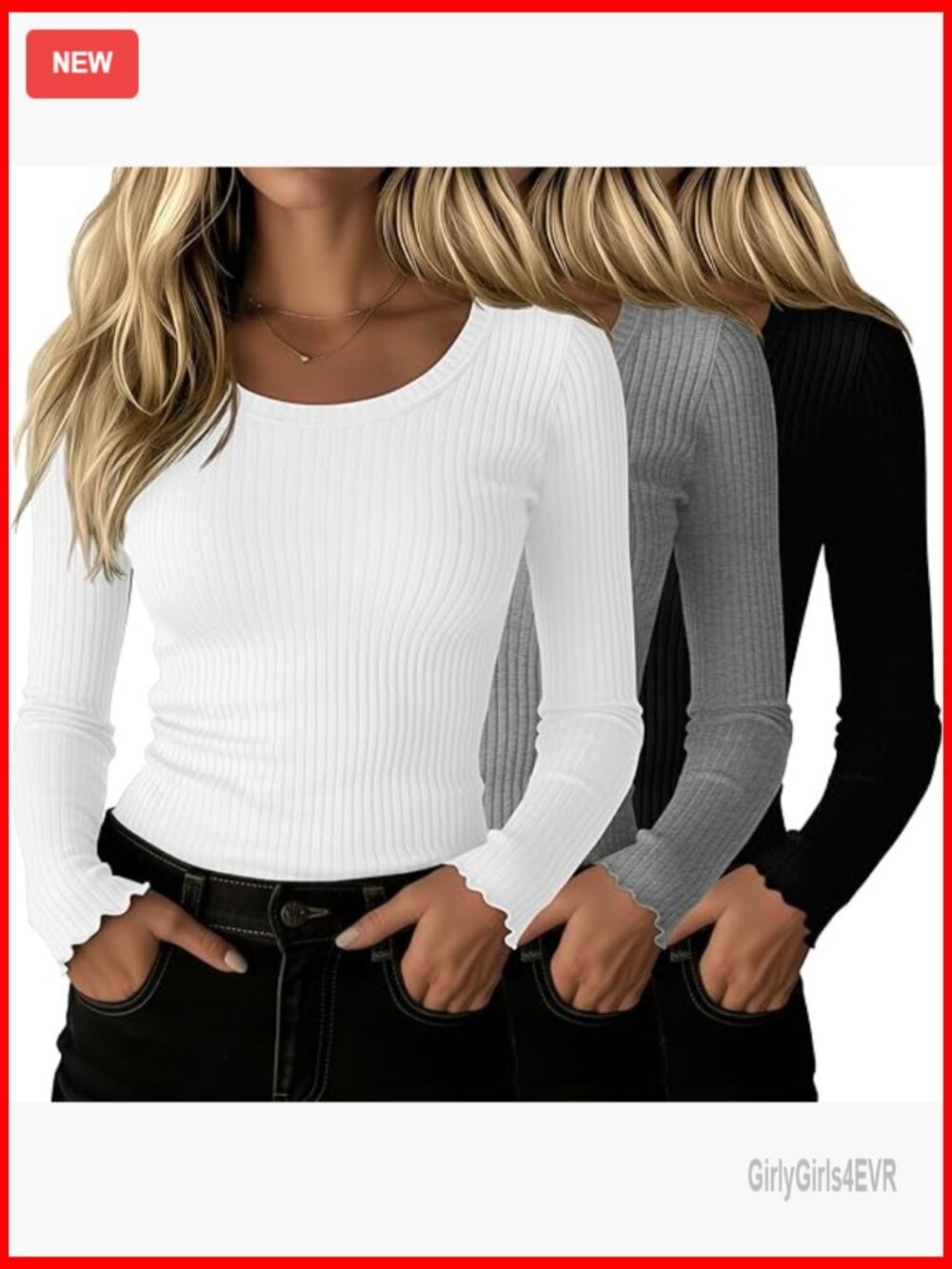 3 Pack Cotton Ribbed Long Sleeve Fitted Crewneck Tops Lettuce Trim Casual Tee